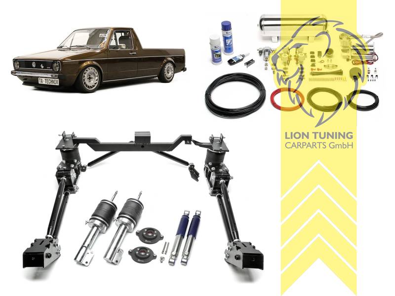 nur passend bis Fahrgestellnummer 14-G-020 000, 11,5L Tank chrom / ViAir Kompressor chrom, Zug- und Druckstufe gleichzeitig einstellbar, weiss, ohne lastabhängigen Bremskraft (ALB) Regler, Stahl verzinkt, Eintragungspflichtig / Teilegutachten wird nach Kauf spezifisch ausgestellt